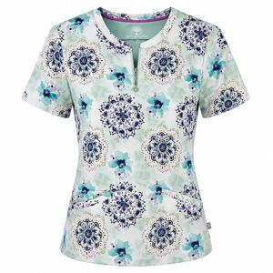 Healing Hands Ivy Watercolor Medallion Print Scrub Top Size M Two Way Stretch